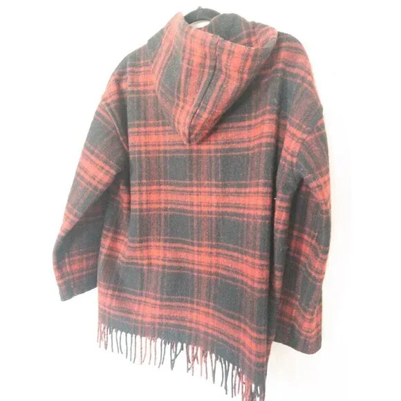The Kooples Buffalo Plaid Red Wool Sweater Coat Fringe  SZ M - Picture 12 of 13
